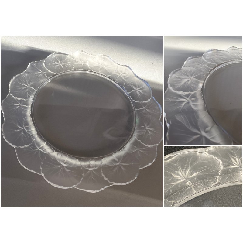 PIATTO CRISTALLO "Honfleur" GERANIUM LEAF Lalique  FRANCE CLEAR CRYSTAL ø27,5cm