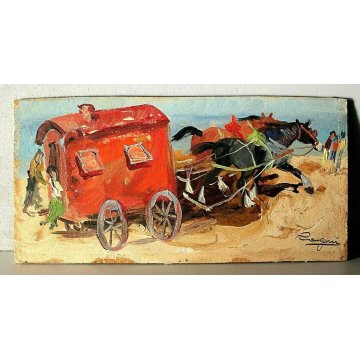 ANTICO QUADRO OLIO PANNELLO Basso Ragni GITANI CAVALLI CARROZZA MARINA SPIAGGIA