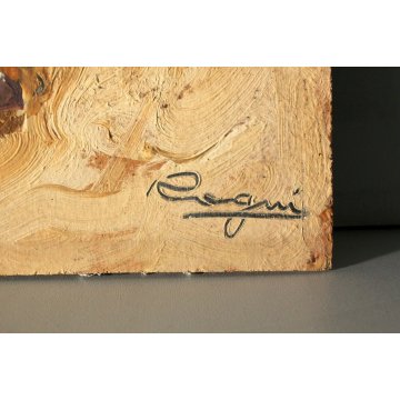 ANTICO QUADRO OLIO PANNELLO Basso Ragni GITANI CAVALLI CARROZZA MARINA SPIAGGIA