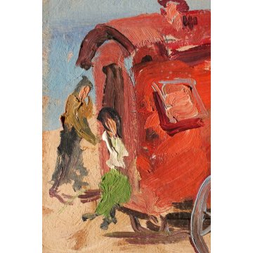 ANTICO QUADRO OLIO PANNELLO Basso Ragni GITANI CAVALLI CARROZZA MARINA SPIAGGIA