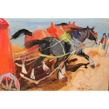 ANTICO QUADRO OLIO PANNELLO Basso Ragni GITANI CAVALLI CARROZZA MARINA SPIAGGIA