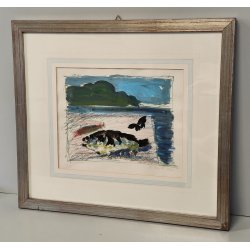 DIPINTO ASTRATTO TECNICA MISTA Firmato 1974 PAESAGGIO MARINA forme PESCI design