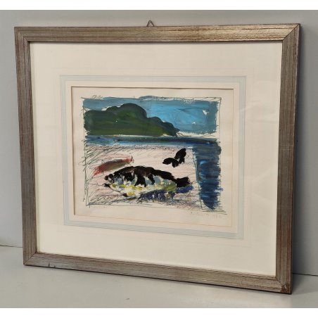 DIPINTO ASTRATTO TECNICA MISTA Firmato 1974 PAESAGGIO MARINA forme PESCI design
