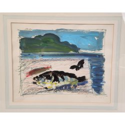 DIPINTO ASTRATTO TECNICA MISTA Firmato 1974 PAESAGGIO MARINA forme PESCI design