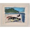 DIPINTO ASTRATTO TECNICA MISTA Firmato 1974 PAESAGGIO MARINA forme PESCI design