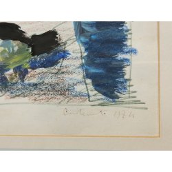 DIPINTO ASTRATTO TECNICA MISTA Firmato 1974 PAESAGGIO MARINA forme PESCI design