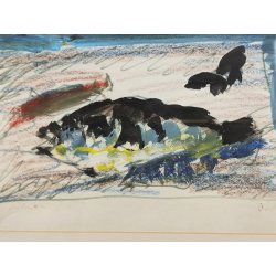 DIPINTO ASTRATTO TECNICA MISTA Firmato 1974 PAESAGGIO MARINA forme PESCI design