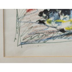 DIPINTO ASTRATTO TECNICA MISTA Firmato 1974 PAESAGGIO MARINA forme PESCI design