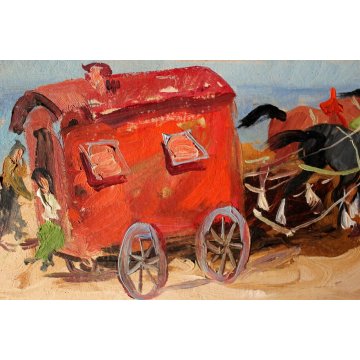 ANTICO QUADRO OLIO PANNELLO Basso Ragni GITANI CAVALLI CARROZZA MARINA SPIAGGIA