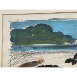 DIPINTO ASTRATTO TECNICA MISTA Firmato 1974 PAESAGGIO MARINA forme PESCI design