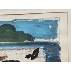 DIPINTO ASTRATTO TECNICA MISTA Firmato 1974 PAESAGGIO MARINA forme PESCI design