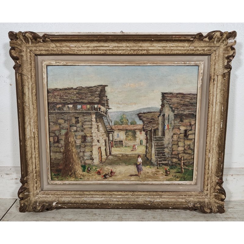 ANTICO QUADRO DIPINTO Giorgio Marcon EPOCA 900 olio tavola PAESAGGIO CASCINA