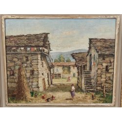 ANTICO QUADRO DIPINTO Giorgio Marcon EPOCA 900 olio tavola PAESAGGIO CASCINA