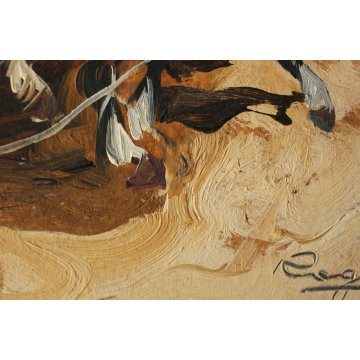 ANTICO QUADRO OLIO PANNELLO Basso Ragni GITANI CAVALLI CARROZZA MARINA SPIAGGIA
