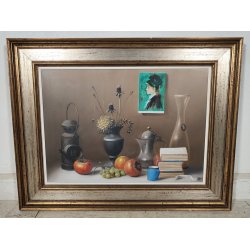 ANTICO QUADRO DIPINTO Proferio Grossi 1978 olio tavola NATURA MORTA Frutta Libri
