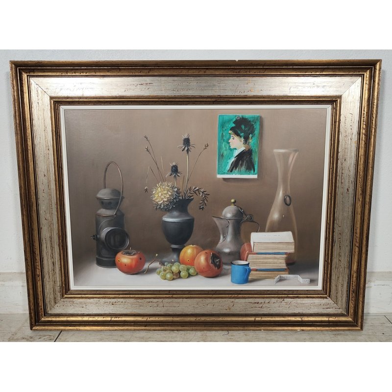 ANTICO QUADRO DIPINTO Proferio Grossi 1978 olio tavola NATURA MORTA Frutta Libri