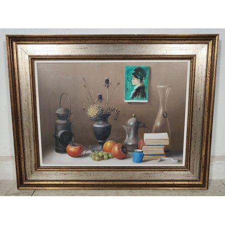 ANTICO QUADRO DIPINTO Proferio Grossi 1978 olio tavola NATURA MORTA Frutta Libri