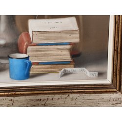 ANTICO QUADRO DIPINTO Proferio Grossi 1978 olio tavola NATURA MORTA Frutta Libri