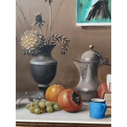 ANTICO QUADRO DIPINTO Proferio Grossi 1978 olio tavola NATURA MORTA Frutta Libri