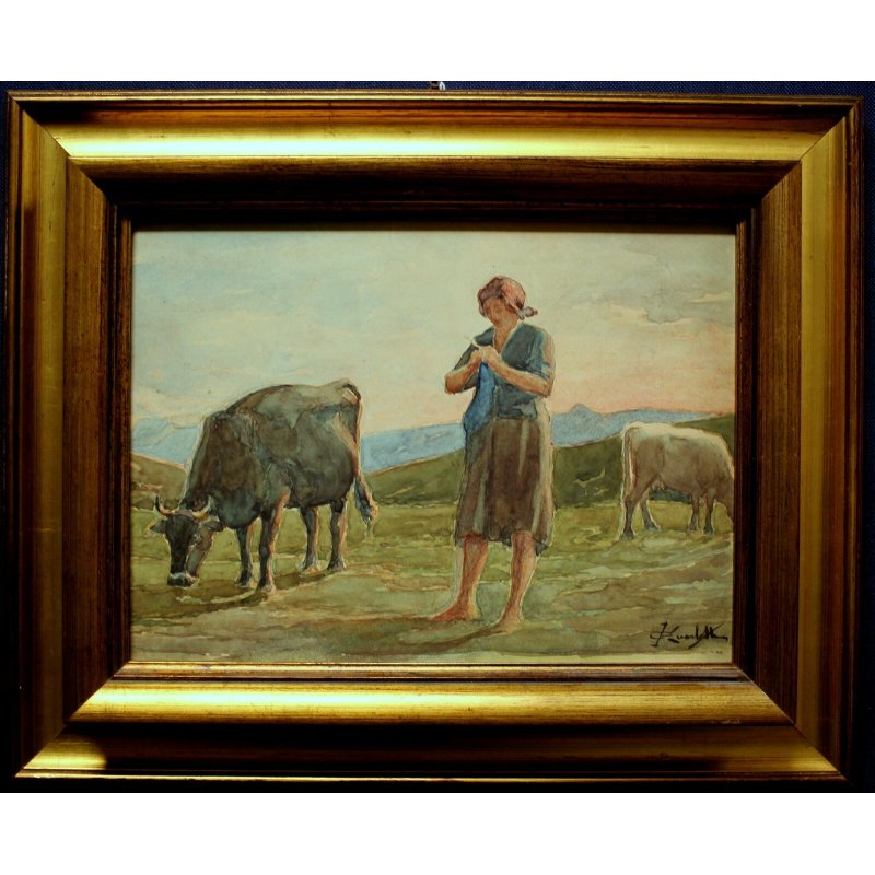 ANTICO QUADRO ACQUERELLO Giovanni Guarlotti PASCOLO TRAMONTO MUCCHE CONTADINA