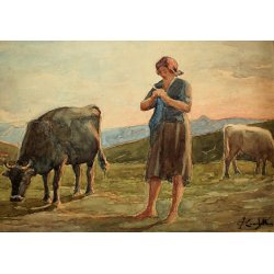 ANTICO QUADRO ACQUERELLO Giovanni Guarlotti PASCOLO TRAMONTO MUCCHE CONTADINA