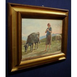 ANTICO QUADRO ACQUERELLO Giovanni Guarlotti PASCOLO TRAMONTO MUCCHE CONTADINA