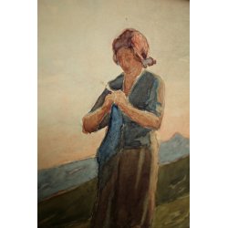 ANTICO QUADRO ACQUERELLO Giovanni Guarlotti PASCOLO TRAMONTO MUCCHE CONTADINA