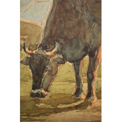 ANTICO QUADRO ACQUERELLO Giovanni Guarlotti PASCOLO TRAMONTO MUCCHE CONTADINA