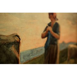 ANTICO QUADRO ACQUERELLO Giovanni Guarlotti PASCOLO TRAMONTO MUCCHE CONTADINA