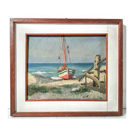 ANTICO DIPINTO BARCA SPIAGGIA MARINA MARE PAESAGGIO QUADRO OLIO TAVOLA EPOCA 900