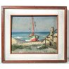 ANTICO DIPINTO BARCA SPIAGGIA MARINA MARE PAESAGGIO QUADRO OLIO TAVOLA EPOCA 900