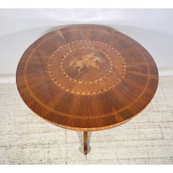 ANTICO TAVOLO ROTONDO LEGNO NOCE INTARSIATO CAVALLO EPOCA 1800/1900 EPOCA