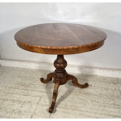 ANTICO TAVOLO ROTONDO LEGNO NOCE INTARSIATO CAVALLO EPOCA 1800/1900 EPOCA