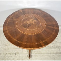 ANTICO TAVOLO ROTONDO LEGNO NOCE INTARSIATO CAVALLO EPOCA 1800/1900 EPOCA