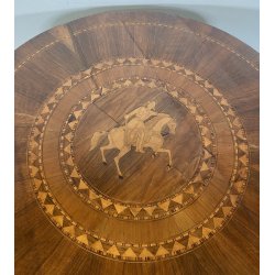 ANTICO TAVOLO ROTONDO LEGNO NOCE INTARSIATO CAVALLO EPOCA 1800/1900 EPOCA