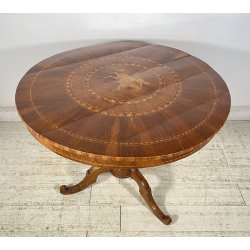 ANTICO TAVOLO ROTONDO LEGNO NOCE INTARSIATO CAVALLO EPOCA 1800/1900 EPOCA