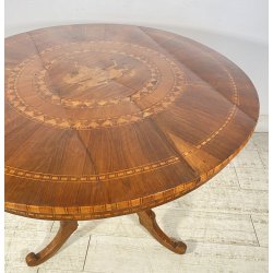 ANTICO TAVOLO ROTONDO LEGNO NOCE INTARSIATO CAVALLO EPOCA 1800/1900 EPOCA