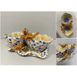 ANTIPASTIERA CIOTOLE CERAMICA FIGURATA DECORO UCCELLINI SMALTO POLICROMO '50