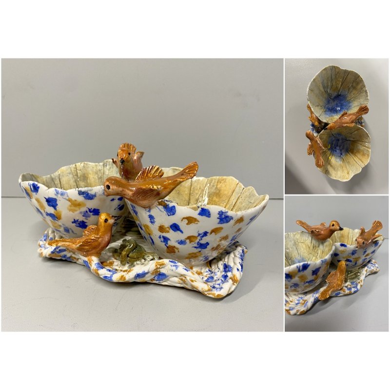 ANTIPASTIERA CIOTOLE CERAMICA FIGURATA DECORO UCCELLINI SMALTO POLICROMO '50