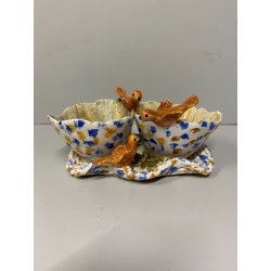 ANTIPASTIERA CIOTOLE CERAMICA FIGURATA DECORO UCCELLINI SMALTO POLICROMO '50