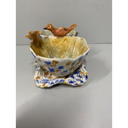 ANTIPASTIERA CIOTOLE CERAMICA FIGURATA DECORO UCCELLINI SMALTO POLICROMO '50