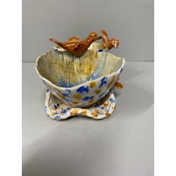 ANTIPASTIERA CIOTOLE CERAMICA FIGURATA DECORO UCCELLINI SMALTO POLICROMO '50