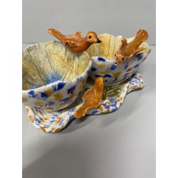 ANTIPASTIERA CIOTOLE CERAMICA FIGURATA DECORO UCCELLINI SMALTO POLICROMO '50