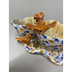 ANTIPASTIERA CIOTOLE CERAMICA FIGURATA DECORO UCCELLINI SMALTO POLICROMO '50