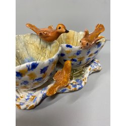 ANTIPASTIERA CIOTOLE CERAMICA FIGURATA DECORO UCCELLINI SMALTO POLICROMO '50