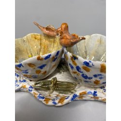 ANTIPASTIERA CIOTOLE CERAMICA FIGURATA DECORO UCCELLINI SMALTO POLICROMO '50