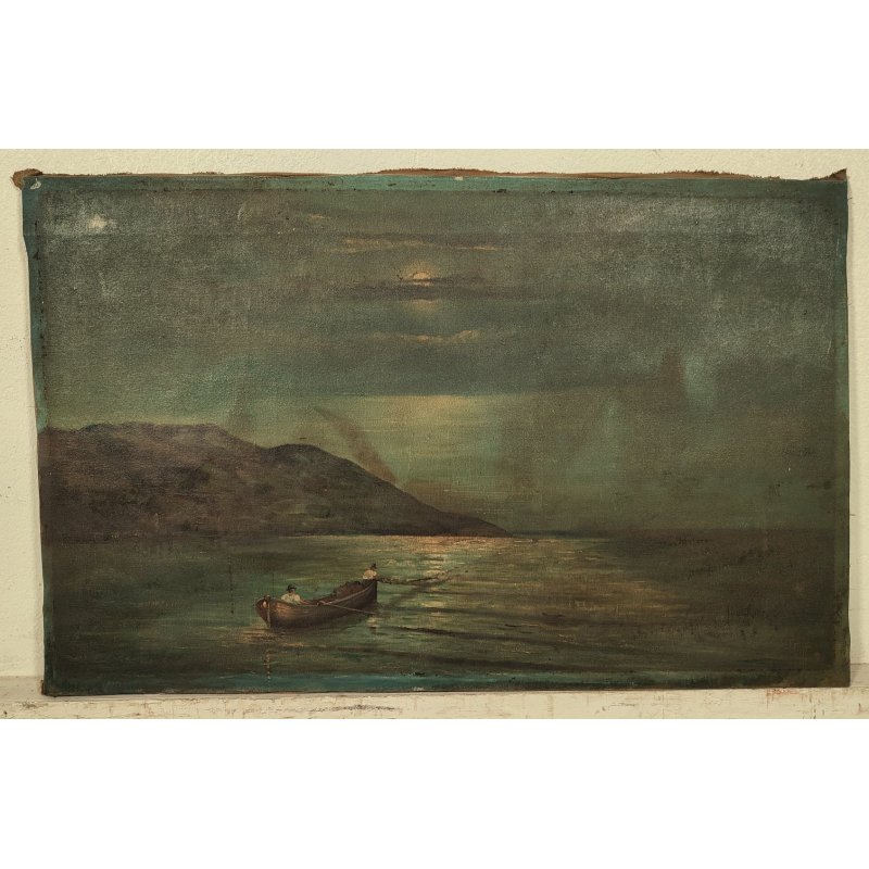 ANTICO QUADRO olio tela FIRMA Monogramma 1900 MARINA NOTTURNO PESCATORI BARCA