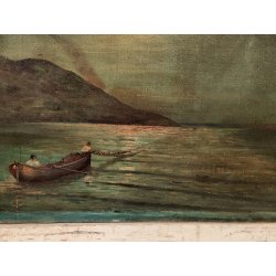 ANTICO QUADRO olio tela FIRMA Monogramma 1900 MARINA NOTTURNO PESCATORI BARCA