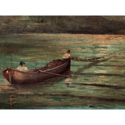 ANTICO QUADRO olio tela FIRMA Monogramma 1900 MARINA NOTTURNO PESCATORI BARCA
