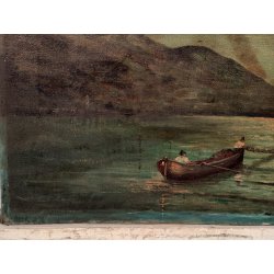 ANTICO QUADRO olio tela FIRMA Monogramma 1900 MARINA NOTTURNO PESCATORI BARCA